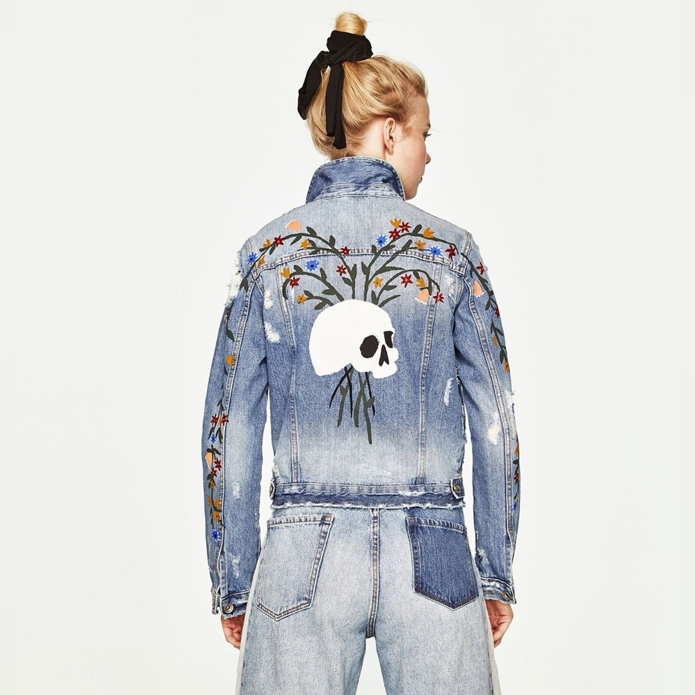 Zara Distressed Skull Luxé Blue Denim Jacket